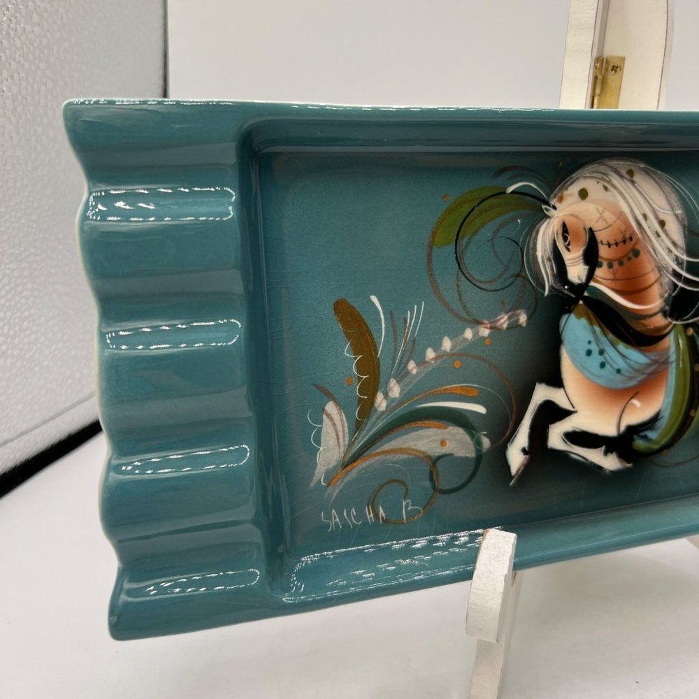 Sascha Brastoff Teal Edged Galloping Stallion Mid Century Ashtray - Picture 4 of 13